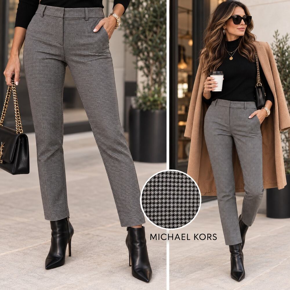 Michael Kors Micro Houndstooth Ankle Pants Womens M Black White Stretch Slim